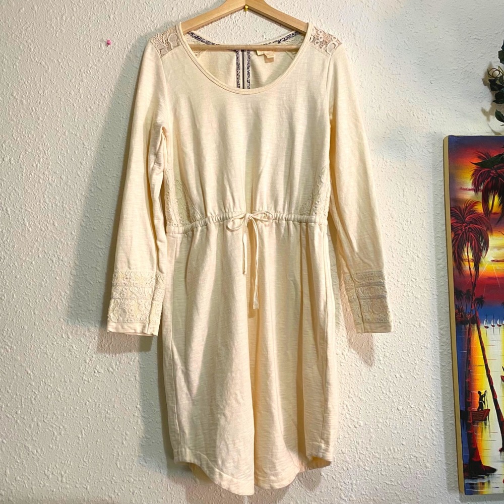 Lucy‎ & Laurel Dress Cream Cotton Lace Drawstring Waist Long Sleeve Large femme